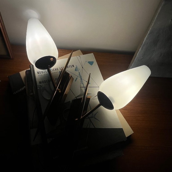 Pair of vintage brass Wall lights and white glass tulips (photo 7 of 9)