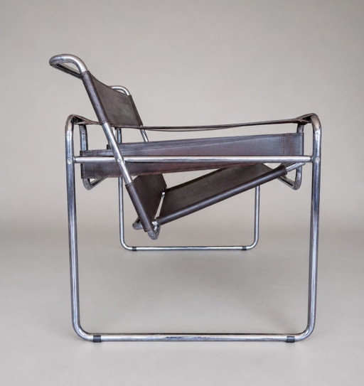 Fauteuil vintage Wassily B3 de Marcel Breuer pour Bononia/Gavina, Italie, cuir marron