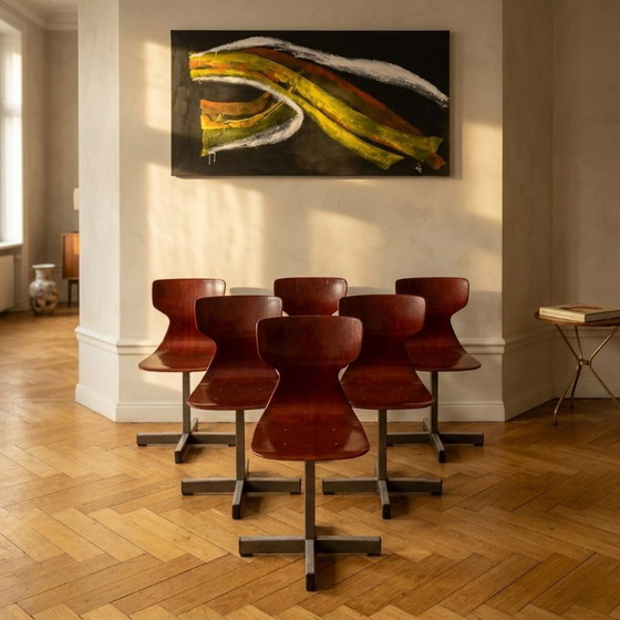 Image 1 of Set van 6 Pagholz stoelen in mid-century modern stijl, met gevormde multiplex zittingen en stalen onderstel, jaren 60.
