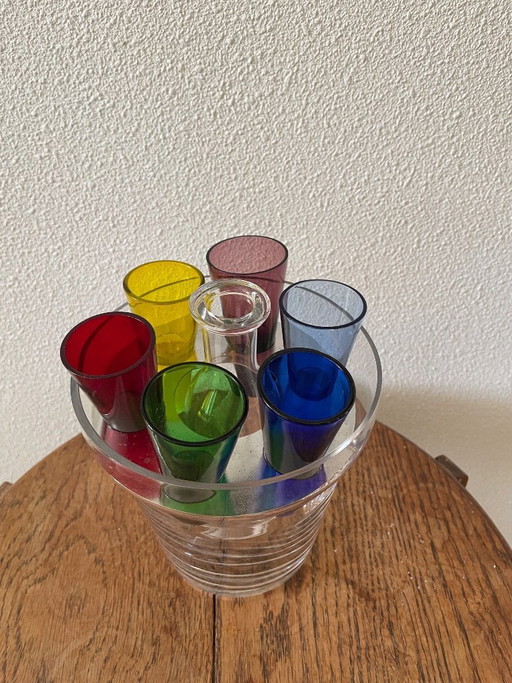 Glass ice bucket with six shot glasses and carafe