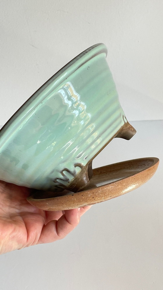 Image 1 of Vintage keramische driepoot pot en schotel