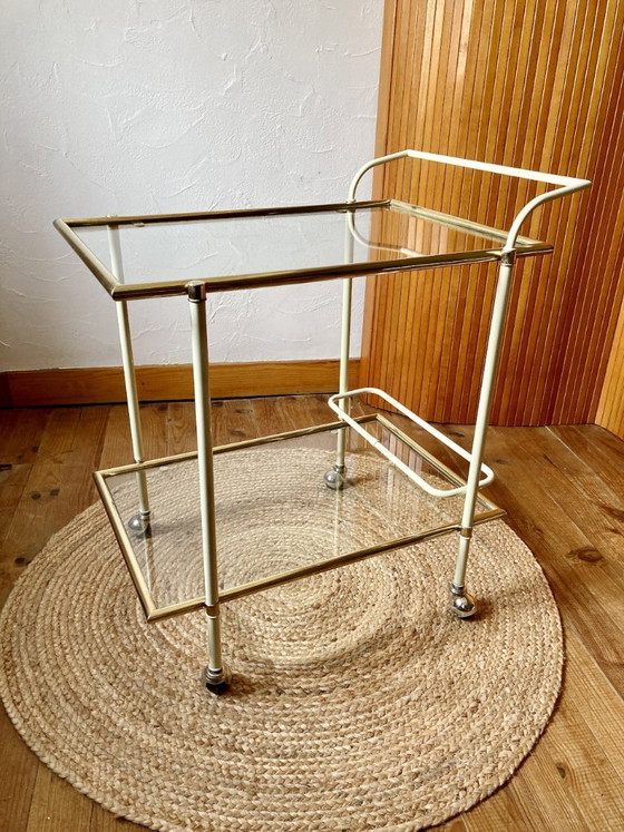 Image 1 of Servierwagen mit cremefarbenem Metallgestell und vergoldetem Messing, 1960er Jahre
