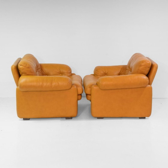 Image 1 of 3x Vintage Coronado Bruine Lederen Woonkamerset Tobia Scarpa Label C&B Italia