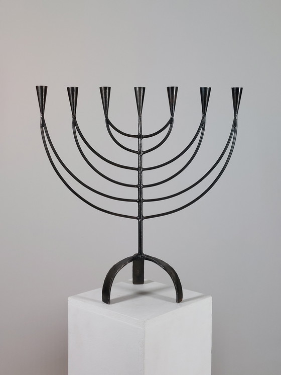 Image 1 of Hand-forged Swedish vintage menorah metal candlestick, 7-flame
