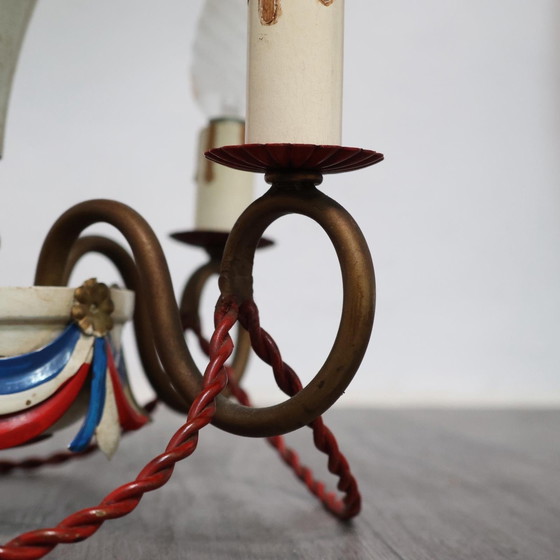 Image 1 of Lámpara de araña con globo aerostático de diseño francés Toleware, antigüedades modernas de los años 50