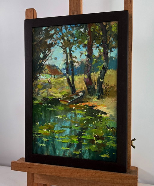 Original Oil Painting Summer Lake Landscape Fisherman's boat