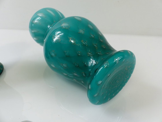 Pair of Covered Turquoise and Aventurine Glass Jars, Murano – 20th Century – Decorative Objects (photo 10 of 13)
