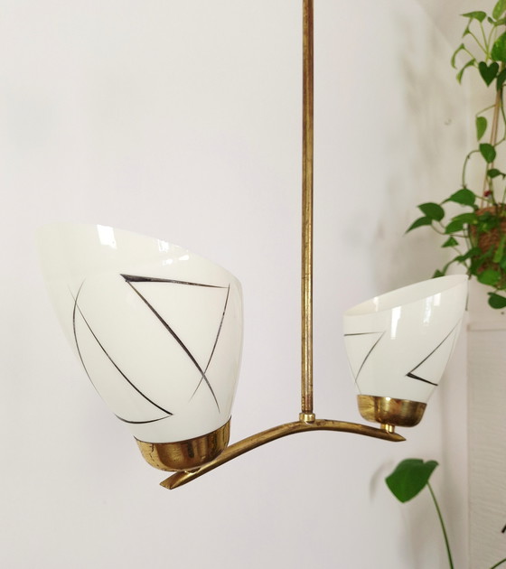 Image 1 of Beautiful art deco chandelier, vintage pendant light, ceiling light, two-arm chandelier, mid-century modern chandelier, Yugoslav
