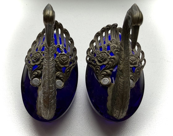 Image 1 of Zout & Specerijenhouder - zilver 800 - kobalt kristal - 1940/1950