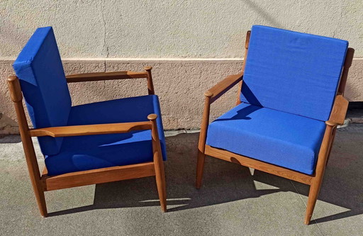 Pair of Scandinavian armchairs with blue cushions, 1960s