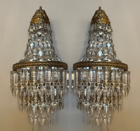 Image 1 of Set Of 2 French Pocket Chandelier Wall Lights Crystal Pendants