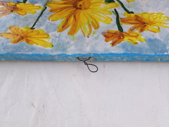 Image 1 of Signed Italian Faience Wall Tile by Aconte, Hand Painted Floral Still Life, Made in Italy Vintage Ceramic Art