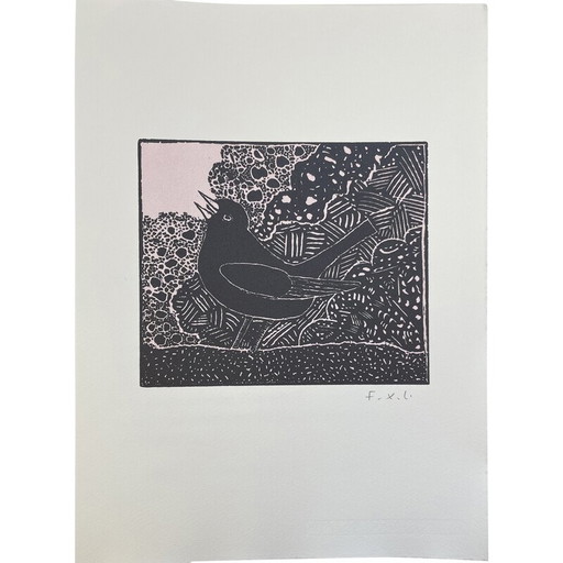 Vintage "the blackbird" woodcut on paper by François Xavier Lalanne, 2003s