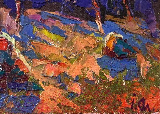 Image 1 of Original Oil Painting Fall Nature Landscape Blue Autumn Night