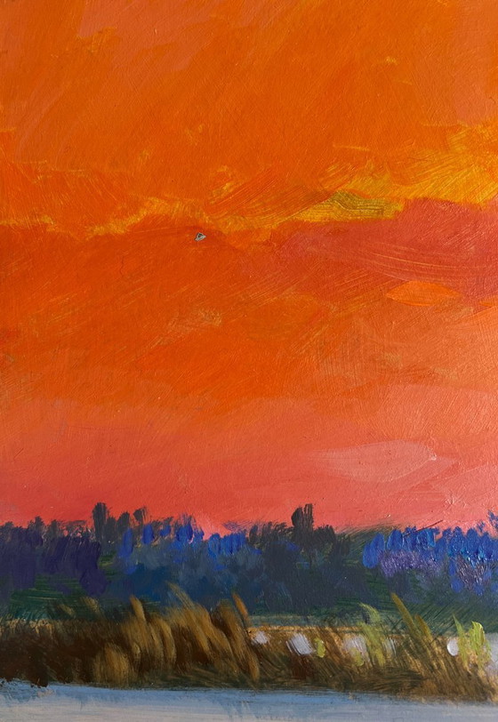 Image 1 of Pintura al óleo original: Paisaje de Sunset River, atardecer carmesí fascinante.