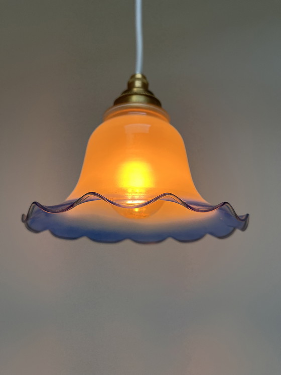 Image 1 of Vintage flower-shaped pendant lamp, frosted glass with blue rim (1970s/1980s)