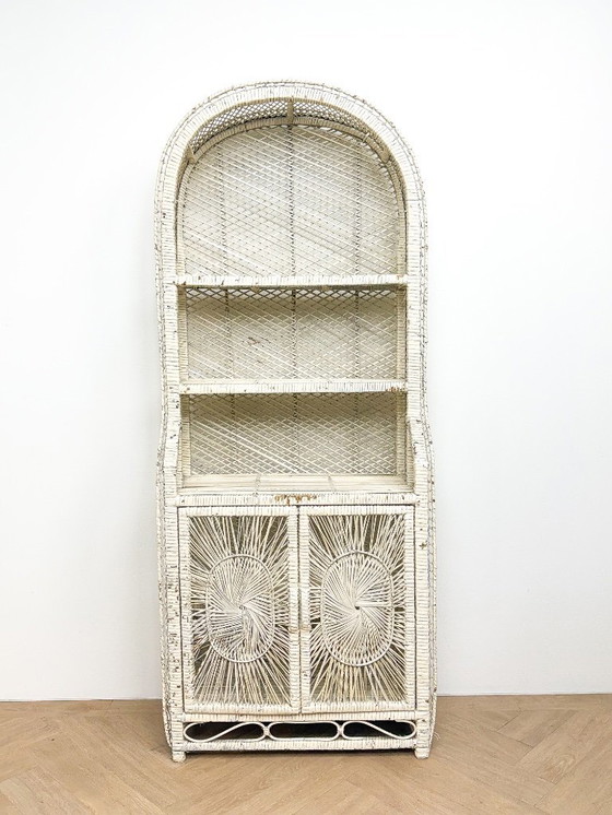Image 1 of Vintage rattan wicker arch cabinet with sunflower motif