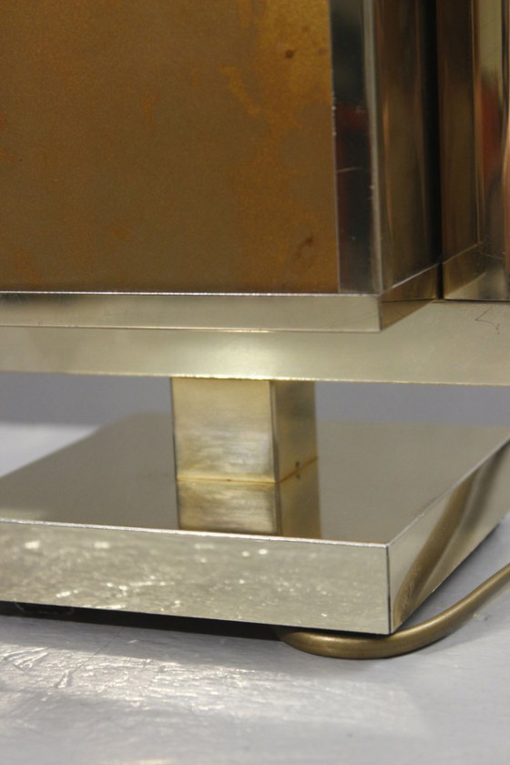 Image 1 of Philippe Cheverny - Grote messing lampvoet met omgekeerd beschilderd glas, Frankrijk, jaren 70