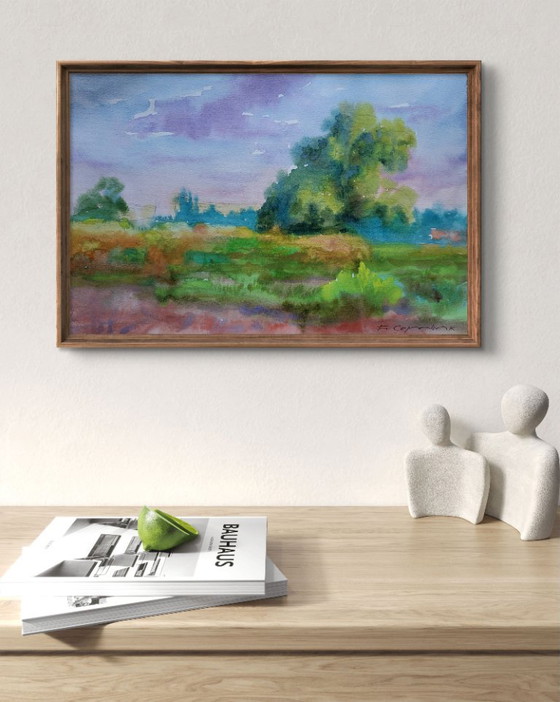 Original Watercolor Painting Nature Landscape Meadow August Summer Day – Paintings & Drawings, Paper (photo 2 of 7)