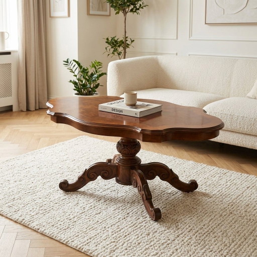 Exclusiva mesa de centro vintage de nogal burl (Burl Walnut) – Pata tallada | 116 × 68 cm