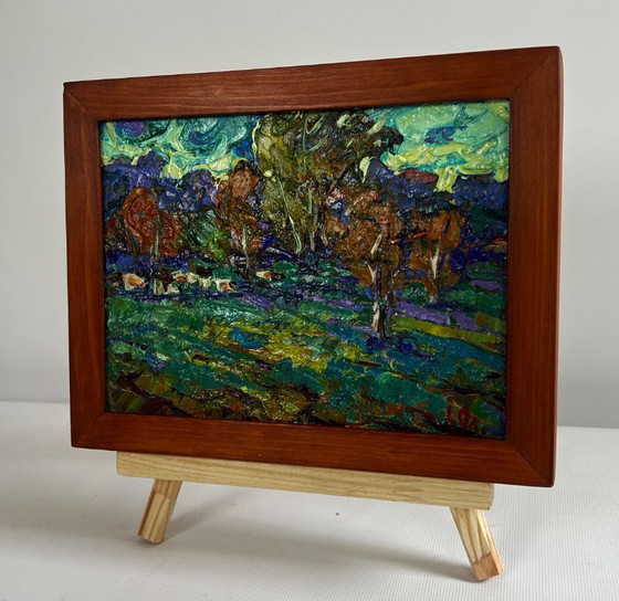 Image 1 of Original Oil Painting Sunset Forest Landscape Evening autumn wind