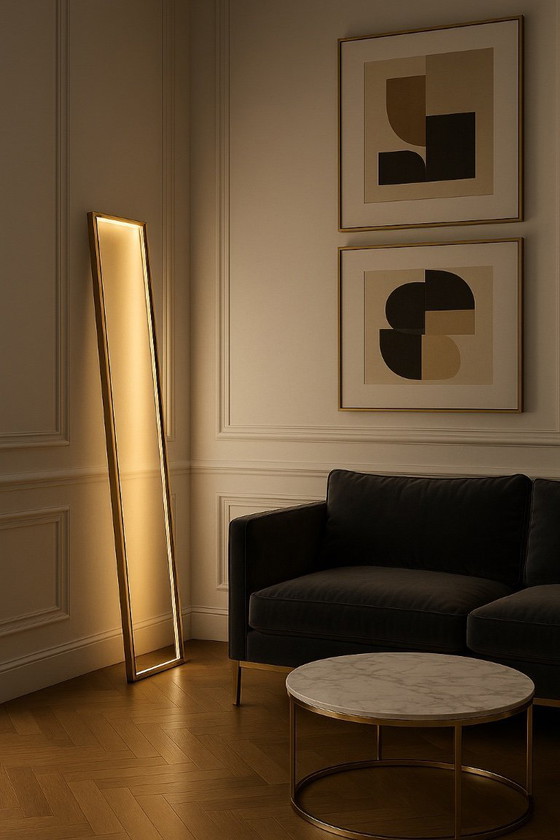 Image 1 of Cornice — Scultura luminosa da pavimento minimalista in giallo opaco