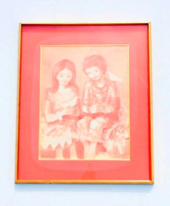 Image 1 of Alvarido, Red Chalk: 'Children' 70s Vintage *