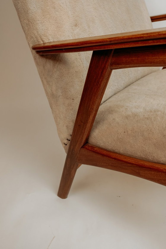 Image 1 of Fauteuil vintage en teck, années 1960 - Revêtement beige