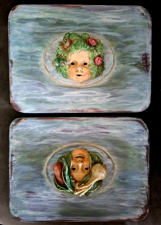Pareja Máscaras Italianas Baco Terracota Toscana Policromadas a Mano– Cuadros Decorativos Vintage