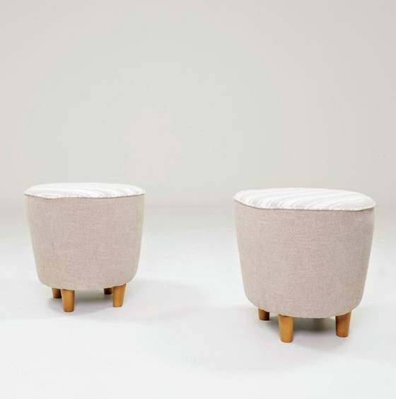 Image 1 of Vintage pouf stool natural Lin fabric beige white stripes 