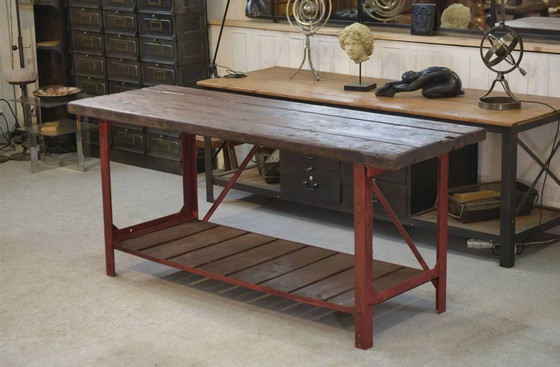 Industrielle Werkbank 1950er Jahre – Schreibtisch, Holz, Polierter Stahl, Industrieel (photo 15 of 15)
