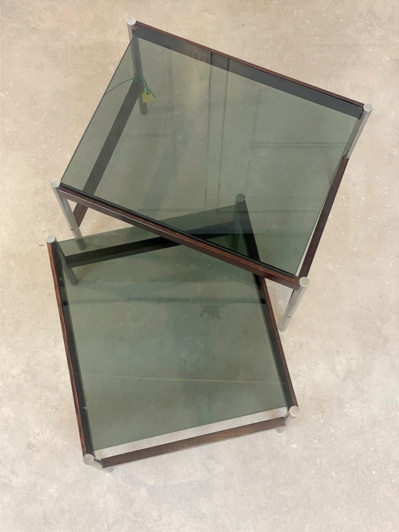 Image 1 of Ensemble de tables d'appoint vintage Thereca – chrome, palissandre et verre fumé