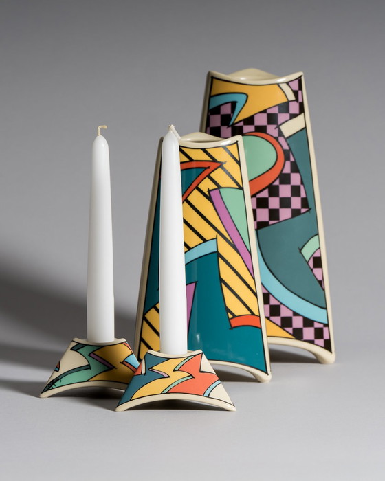 Image 1 of Dorothy Hafner for Rosenthal, “Flash” Vase Duo with Matching Candleholder Pair, Germany, 1980s