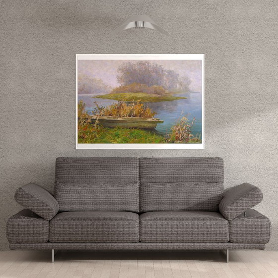 Original Ölgemälde Naturlandschaft Boot Fluss Morgennebel – Gemälde & Zeichnungen, Canvas (photo 3 of 8)