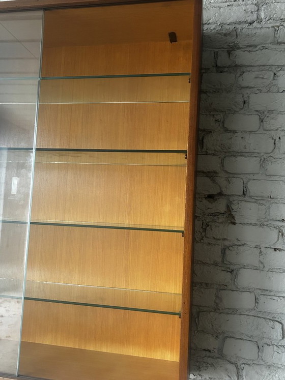 Wall display cabinet with glass sliding doors, brown wood, Mid Century Modern (photo 6 of 14)