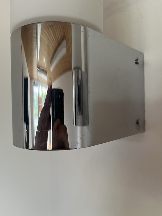 Image 1 of 4x Original "Glashütte Limburg 1970s" wall light opal glass chrome Germany!!