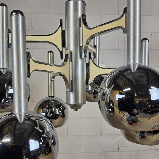 Image 1 of Grote Chromen Vintage Space Age Gaetano Sciolari hanglamp (70s) Itiliaans design (kroonluchter) bol lampen 