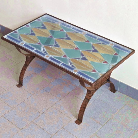 Image 1 of Vintage 1960s Brutalist Coffee Table in Metal, Glass & Stained Glass