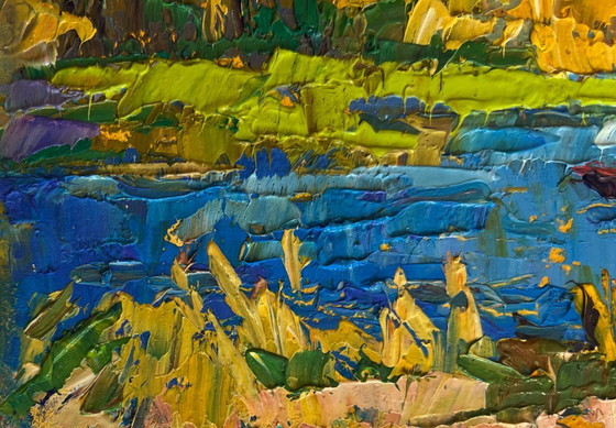 Image 1 of Original Oil Painting Autumn River Landscape Early autumn fishing