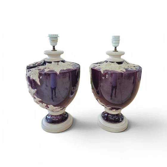 2 x große Kostka florale Keramik Vasenlampe / 1970er / Frankreich – Tischlampen, Ceramic (photo 9 of 12)