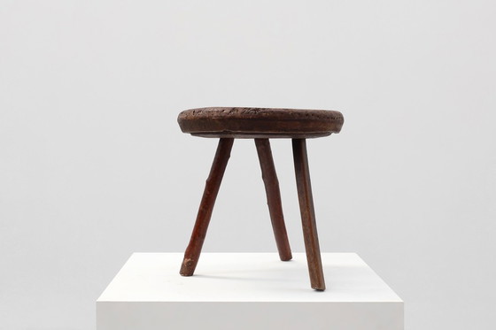 Image 1 of Rustic Wabi Sabi style solid oak tripod stool, France ca. 1850