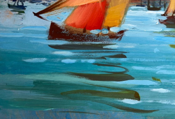 Image 1 of Peinture à l'huile originale, paysage urbain estival, vacances à la voile