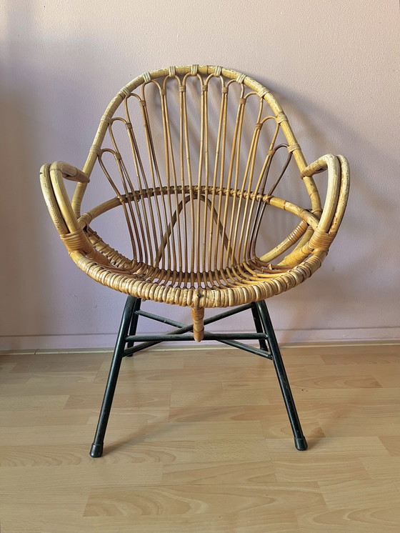 Image 1 of Vintage Bamboo Lounge Chair Rattan With Matching Stool Table Rohe Noordwolde Bamboo 1950