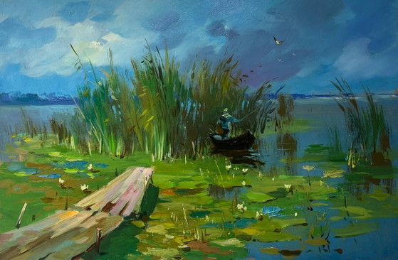 Image 1 of Dipinto ad olio originale raffigurante un paesaggio costiero fluviale, su una barca vicino alle canne.