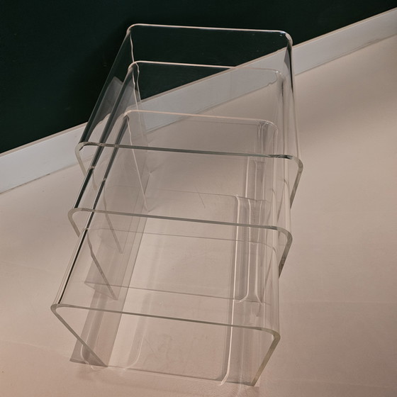 Image 1 of Set Of 3 Vintage Plexiglass Side Tables: Translucent Curved Acrylic Glass Tables, Perspex, Transparent, Mid - Century, Space Age