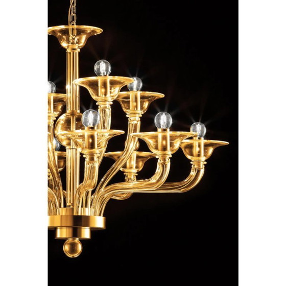 Image 1 of Moderner, bernsteinfarbener, linearer Kronleuchter aus Muranoglas in Gold im zeitgenössischen Stil