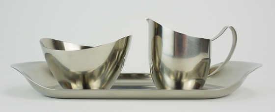 Image 1 of danish modern 3-piece SET sugar bowl creamer and tray stainless steel made in denmark