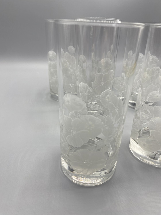 6 transparante glazen voor sinaasappelsap – wit met zeefdruk van een bloemenmotief – Glazen & Karaffen, Glass (photo 3 of 4)