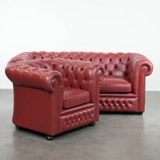 Conjunto compuesto por sofá Chesterfield de 2,5 plazas y sillón de piel de vaca inglesa