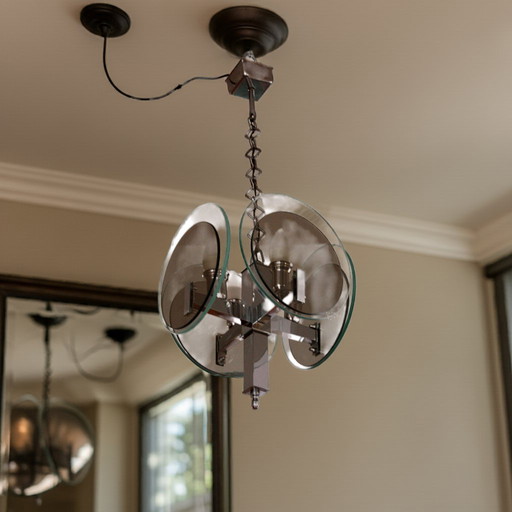 Vintage Art Deco chandelier in chromed metal and glass, Italy, 1970s